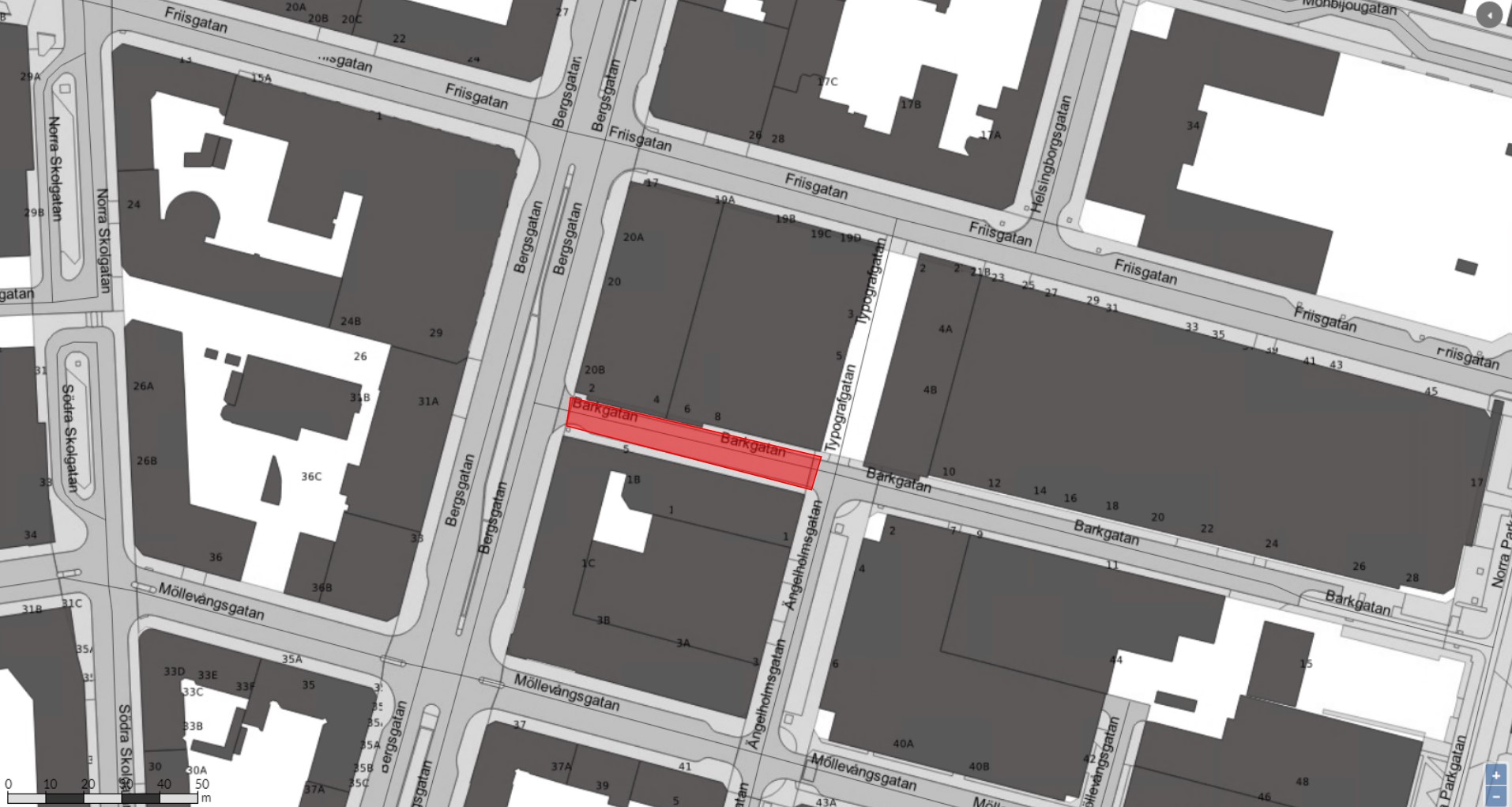 Bilden visar en karta där Barkgatan är avstängd mellan bergsgatan och Ängelholmsgatan.