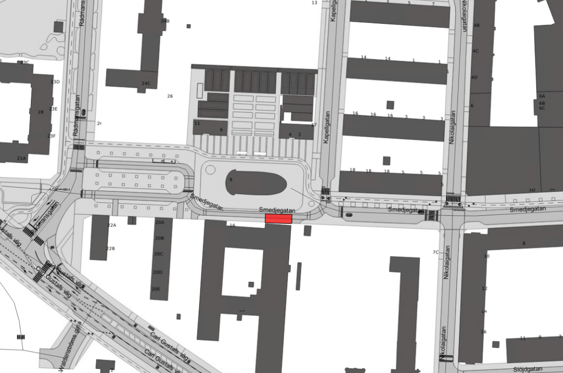 Bilden visar en karta där Smedjegatan är avstängd i närheten av Kapellgatan. 
