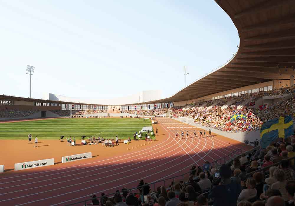 Visionbild insidan av ny friidrotts- och fotbollsanläggningen