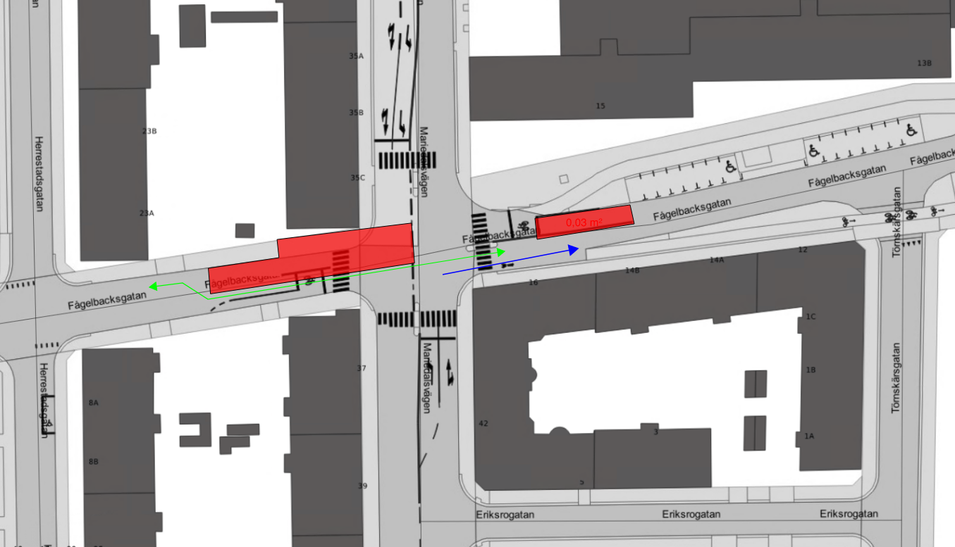 Bilden visar en karta som visar etapp 1 med avstängning och trafikflöde för cyklar och fordon på Fågelbacksgatan på båda sidorna om Mariedalsvägen den 22/4–5/5. Fordon till fastighet kommer åt från Herrestadsgatan. 
