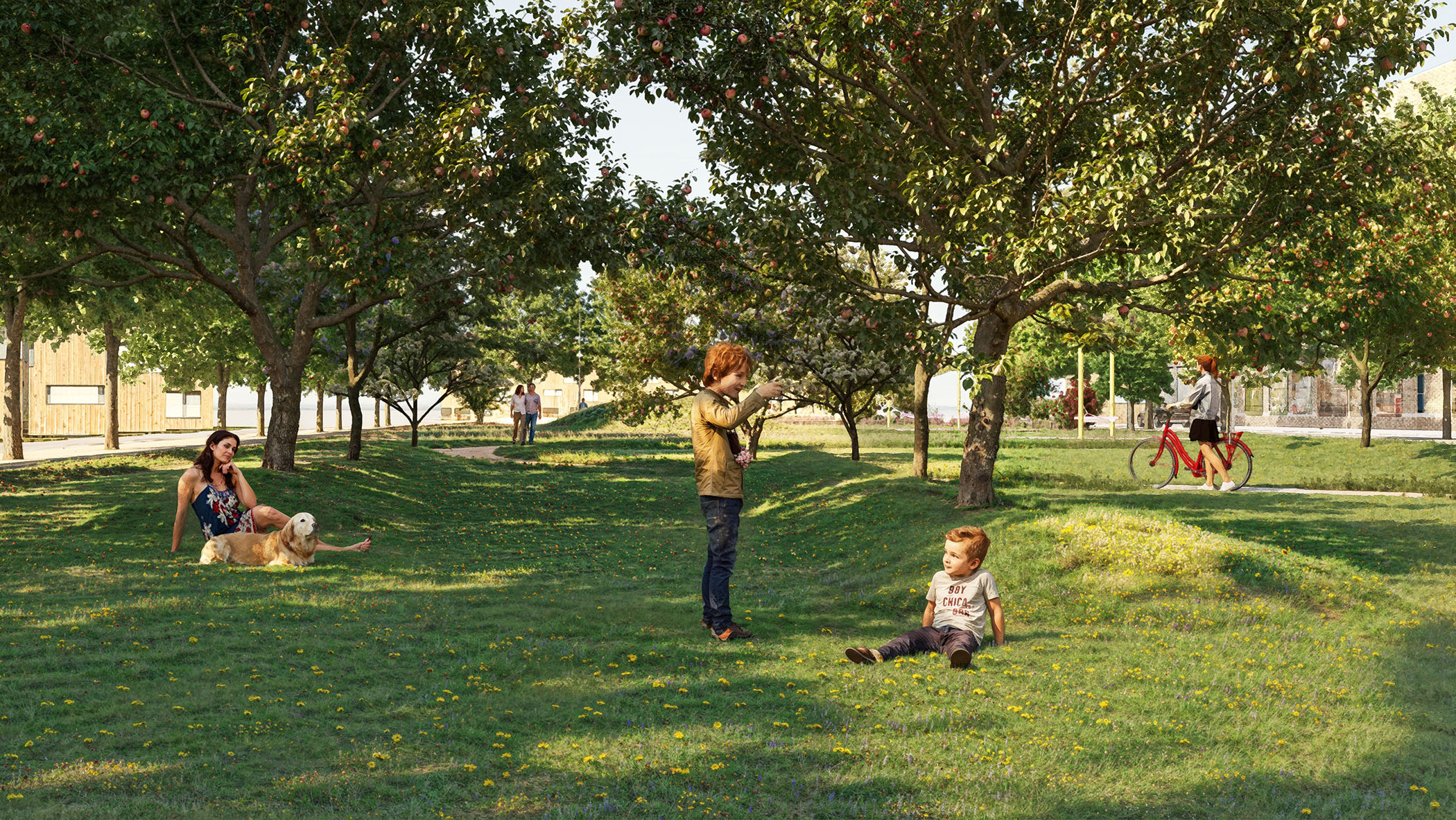En park med gräsmattor, fullt av fruktträd och människor som hänger i parken. 