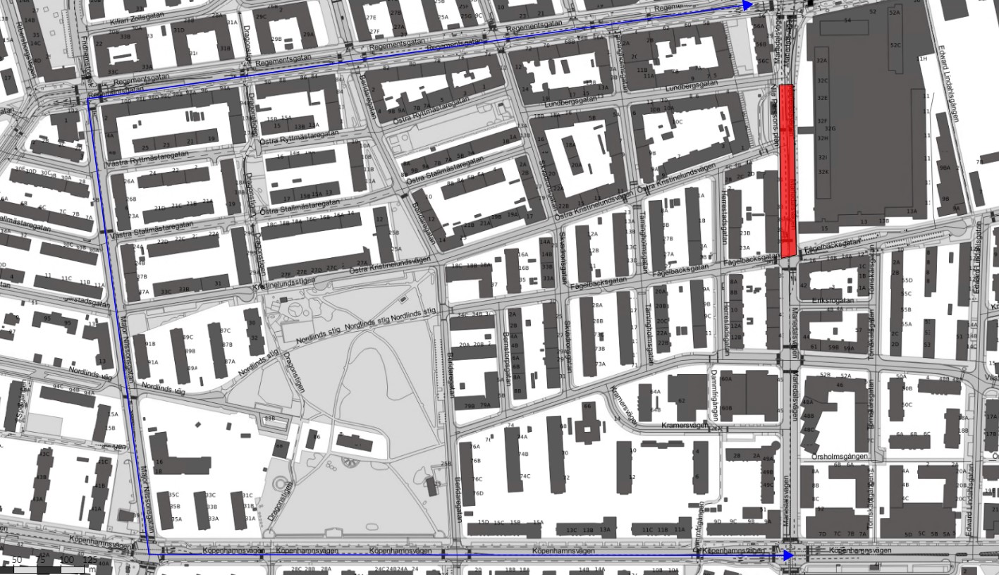 Bilden visar en karta där Mariedalsvägen är avstängd mellan Fågelbacksgatan och Lundbergsgatan. Trafiken omleds via Regementsgatan, Major Nilssonsgatan och Köpenhamnsvägen.
