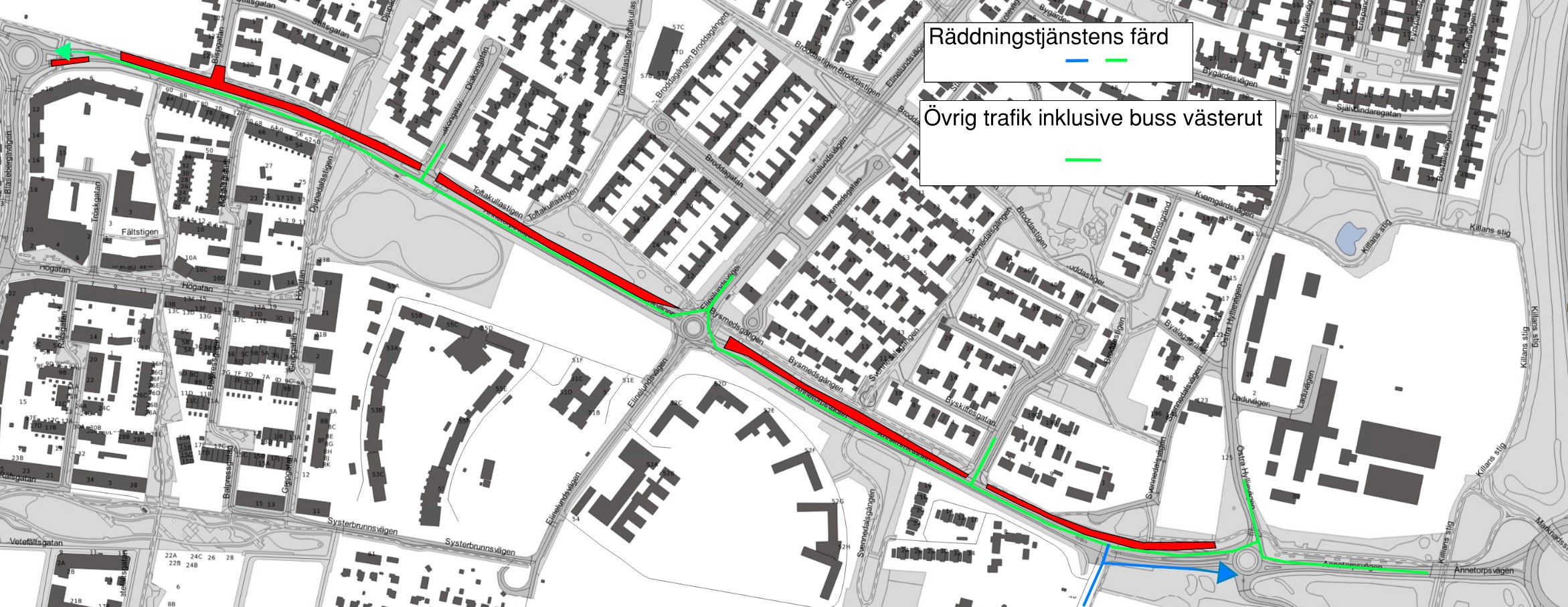 Bilden visar avstängt arbetsområde i östlig riktning mellan Östra Hyllievägen och Blåsebergavägen.