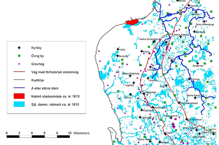 Äldre landskapskarta över sydvästra Skåne som visar bronsåldersvägens sträckning från Görsöv, via Södra Sallerrum, Hököpinge, Södra Åkarp, Fuglie, Östra Grevie, Västra Ingelstd, via Arrie och tillbaka til Södra Sallerup.