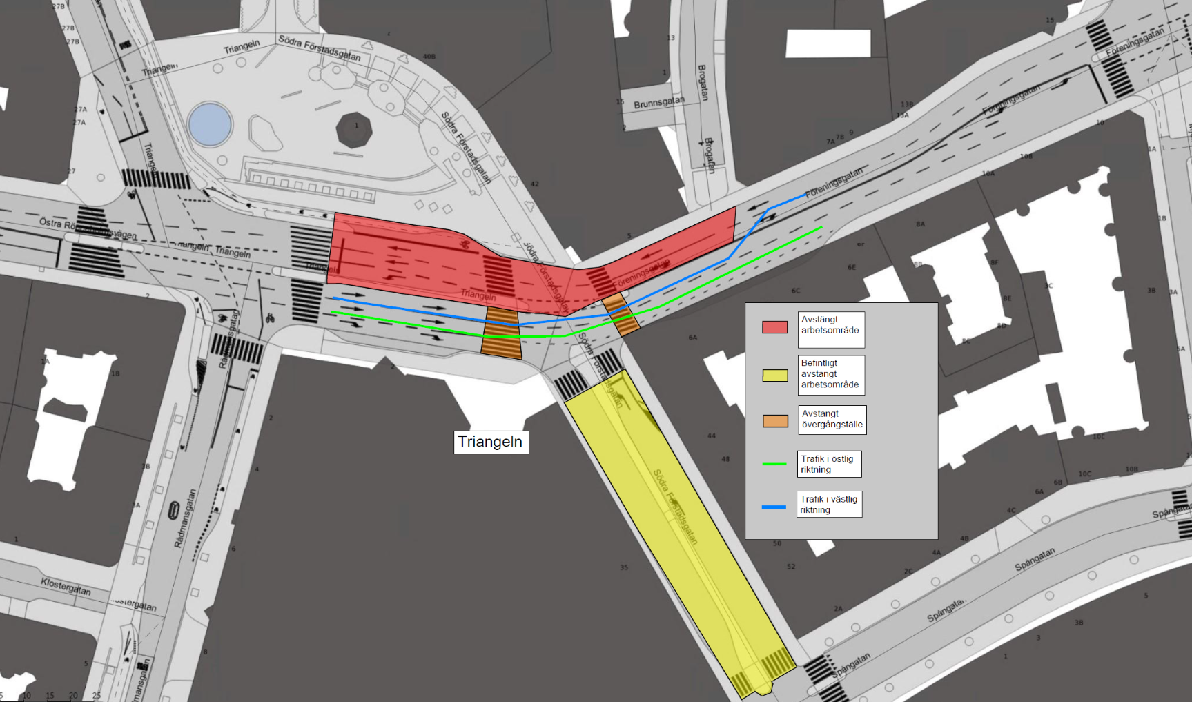 Bilden visar en karta där Östra Rönneholmsvägen och Föreningsgatan är avstängd.
