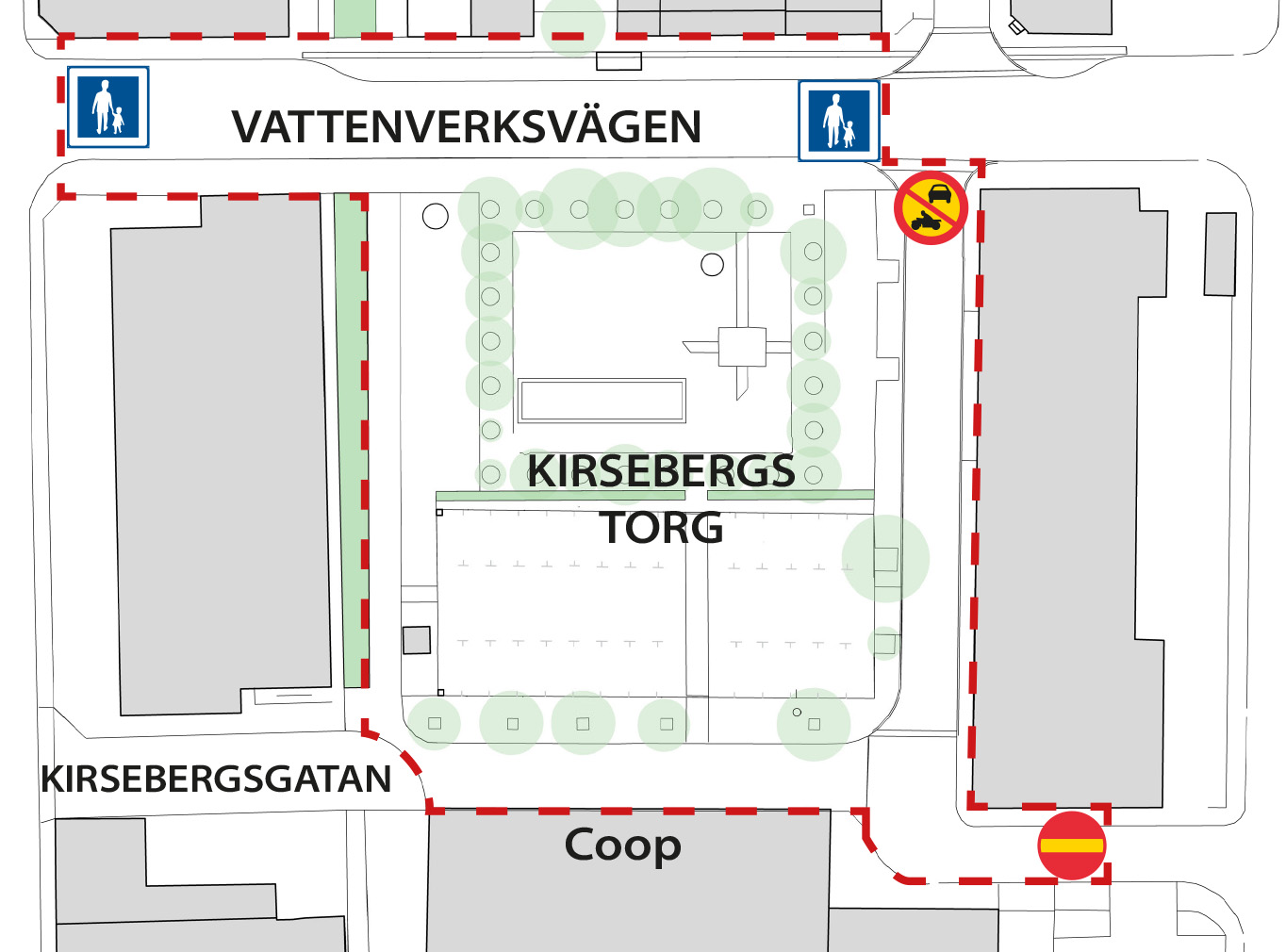 En karta som visar Kirsebergs torg, som är mellan Vattenverksvägen och Coop.