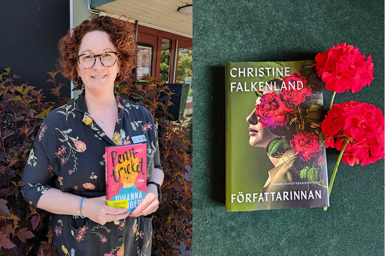 Jessica med sitt boktips "Penntricket" och omslag till "Författarinnan" med blommor.