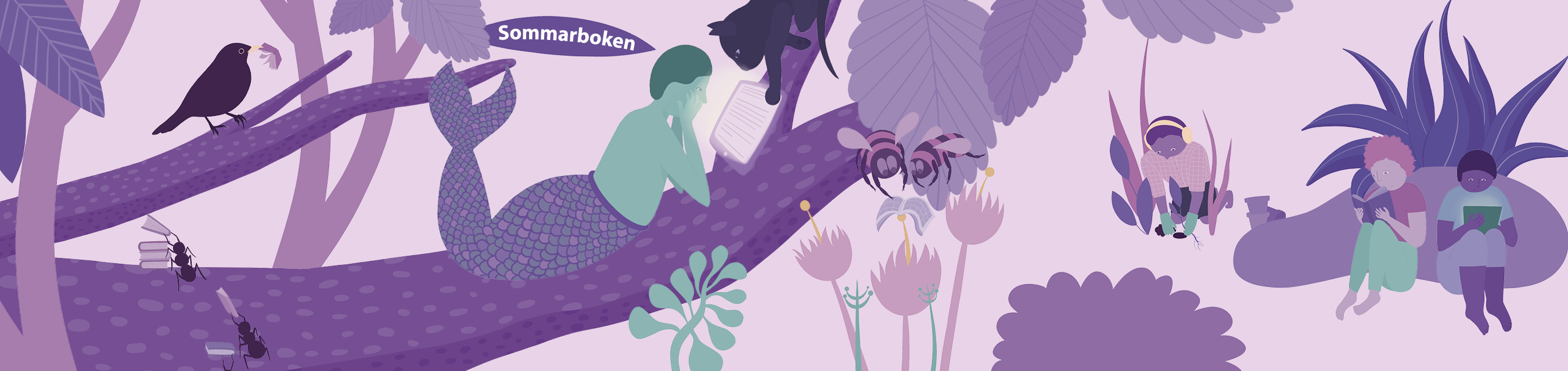Illustration med figur och människor som läser.
