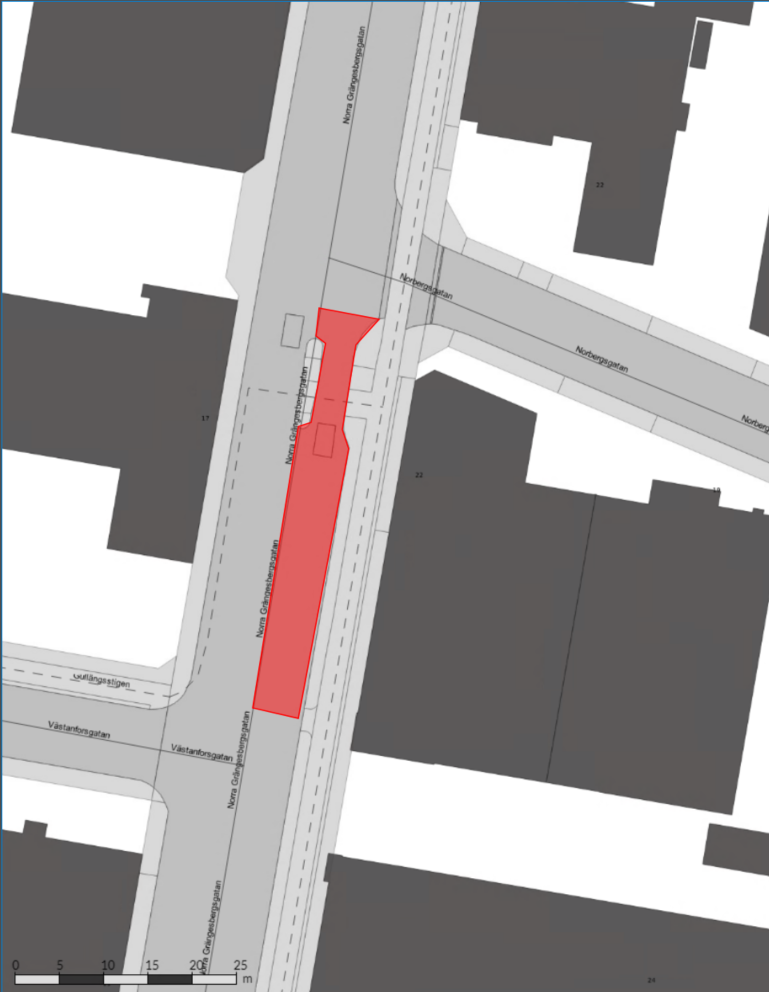 Bilden visar en karta där Norra Grängesbergsgatan är avstängd i norrgående färdriktning mellan Norrbergsgatan och Västanforsgatan men det går bra att besöka verksamheterna på sträckan.