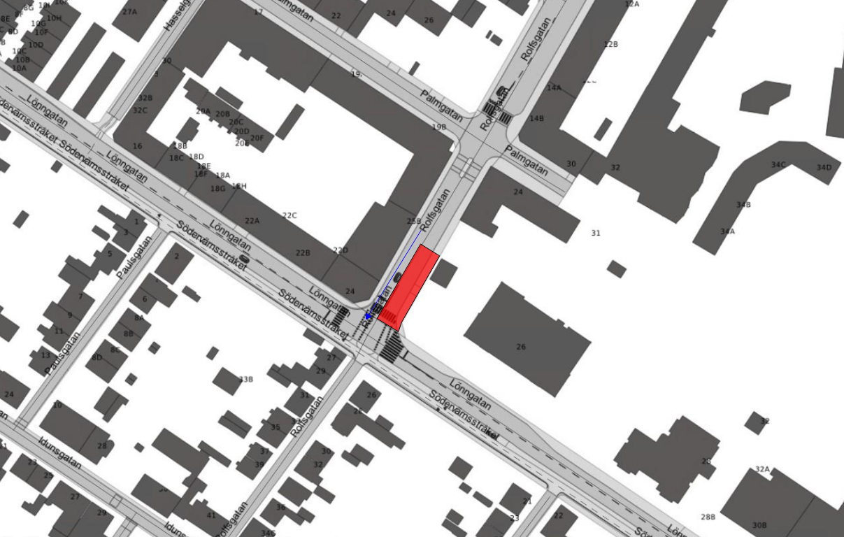 Bilden visar en karta där Rolfsgatan är avstängd i nordlig riktning.