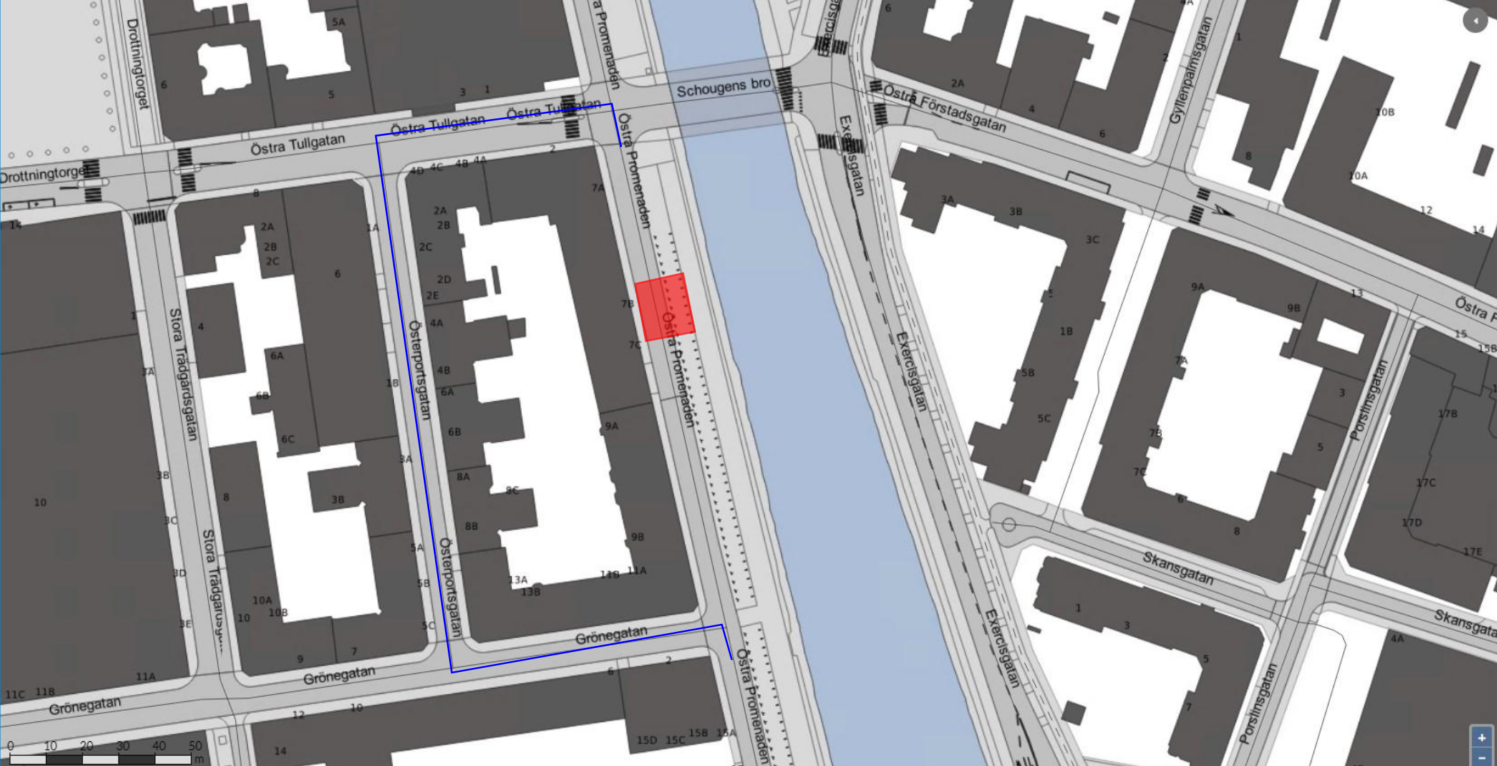 Bilden visar en karta där Östra Promenaden är avstängd mellan Grönegatan och Östra Tullgatan. Omledning av trafiken går via Östra Tullgatan, Österportsgatan och Grönegatan.