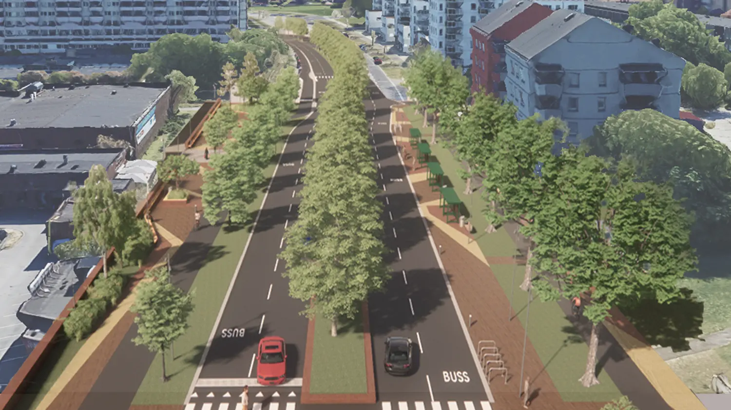 Illustration som visar en framtidsbild av Lindängen centrum i Malmö. Gatan är ombyggd med breda trottoarer, nya cykelvägar, separata busskörfält och en grön allé i mitten. Träd och växtlighet kantar båda sidor av vägen. Flera hållplatser och sittplatser finns på höger sida av bilden, omgivna av bostadshus och verksamheter. Perspektivet är från fågelvy med vy mot öster.