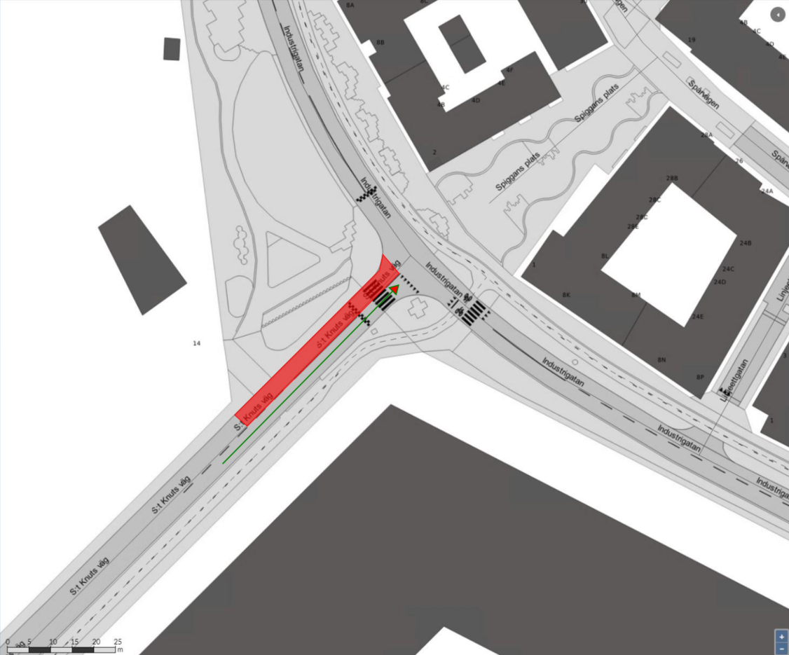 Bilden visar en karta där trafik på S:t Knuts väg endast är öppen i norrut mot Industrigatan enligt grön markering. Infart till S:t Knutsväg går via Föreningsgatan eller Amiralsgatan.