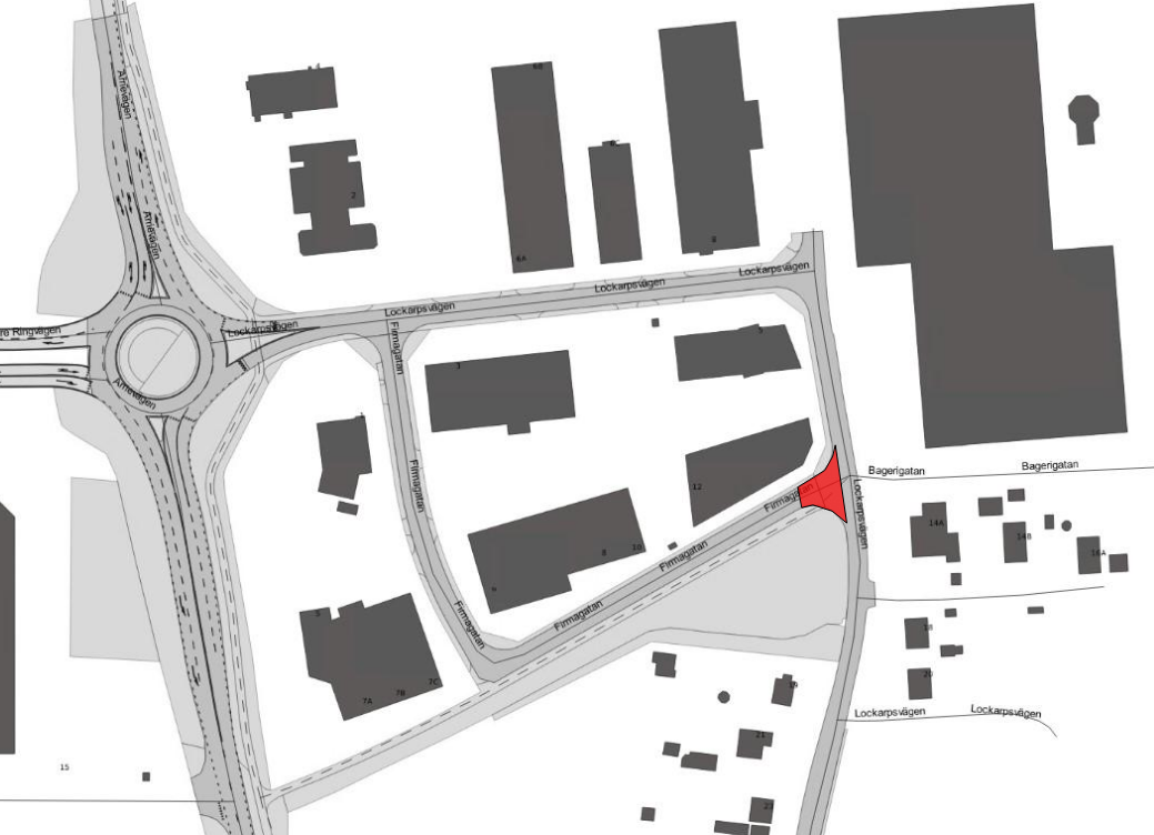 Röd yta visar avstängt arbetsområde intill Lockarpsvägen.