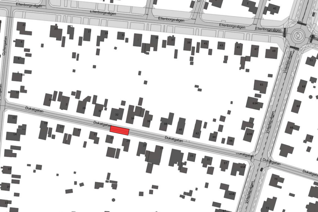 Bilden visar en karta där Dukatgatan är avstängd mellan Gyllengatan och Videdalsgatan.