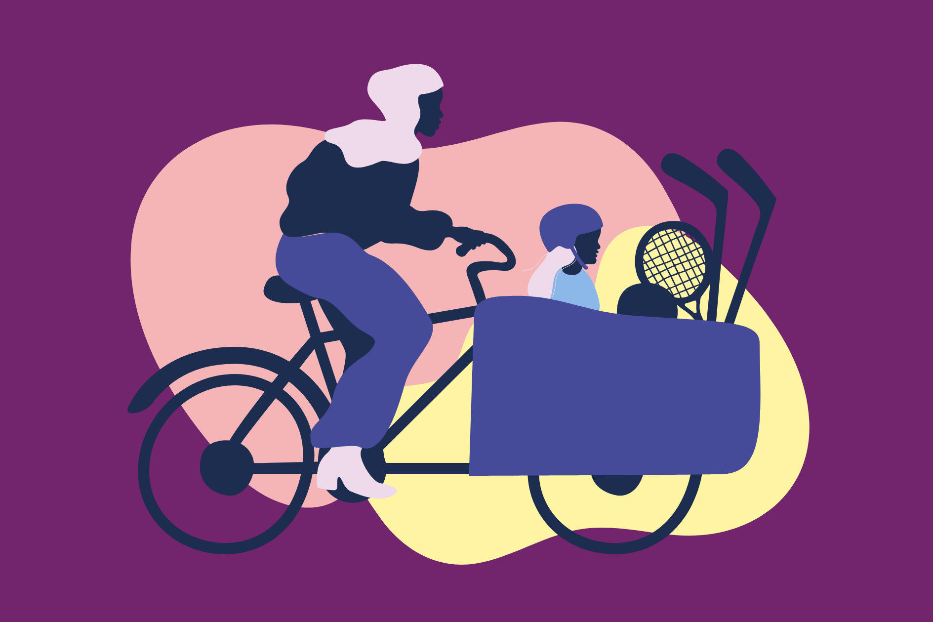 Grafisk illustration som visar en person som kör en lådcykel med ett barn och sportprylar i.