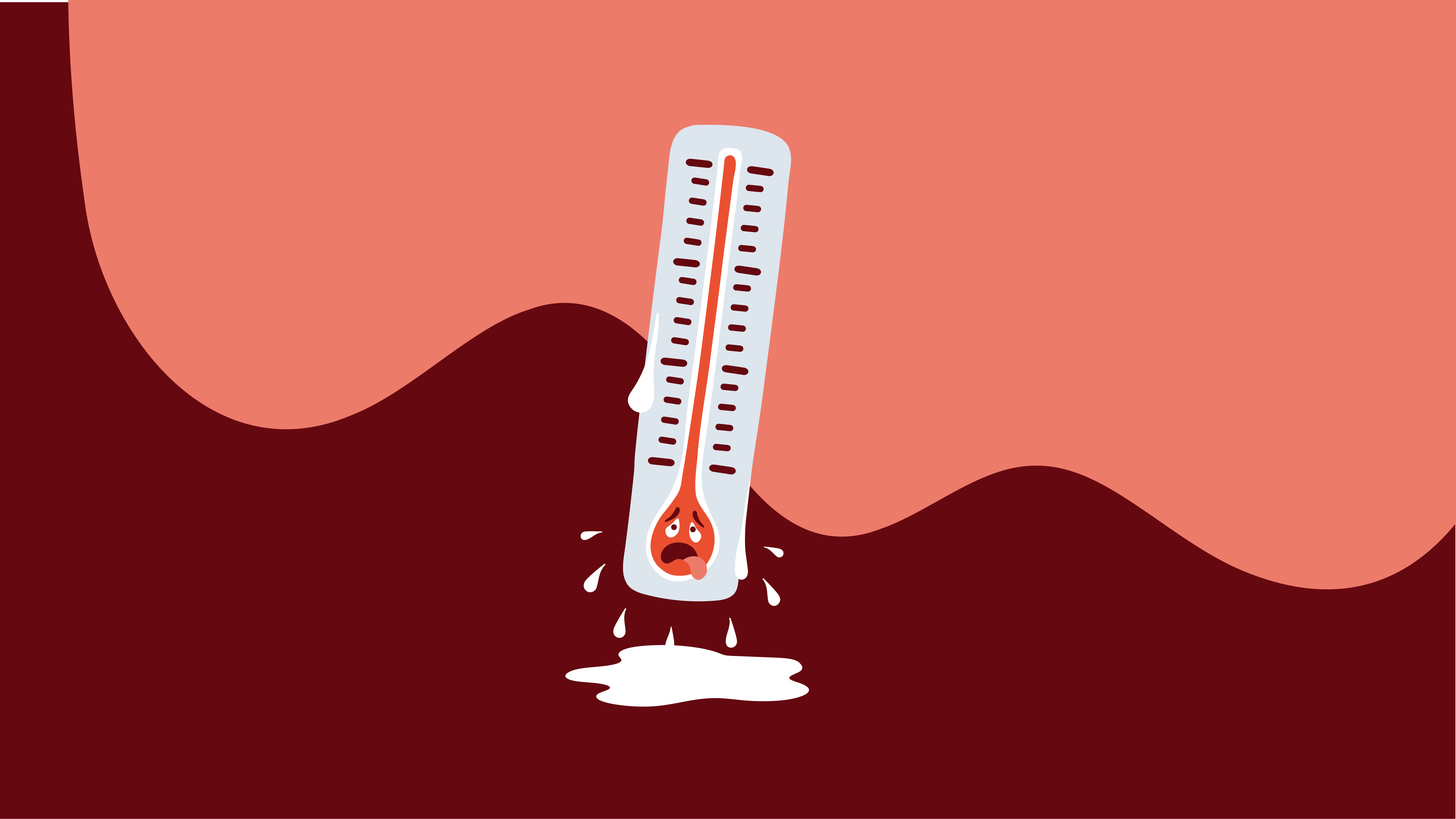 Grafik av en ansträngd och svettande termometer med en pöl under sig.