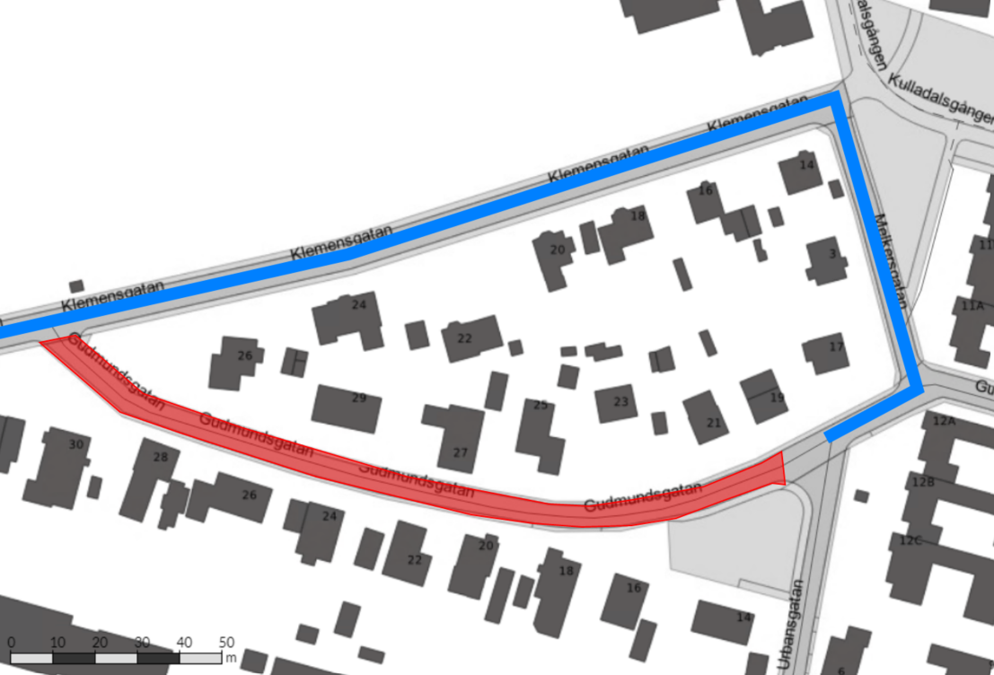 Bilden visar en karta där Gudmundsgatan är avstängd mellan Urbansgatan och Klemensgatan. Boende har åtkomst till sina fastigheter. Omledning av övrig trafik sker via Melkersgatan och Clemensgatan.