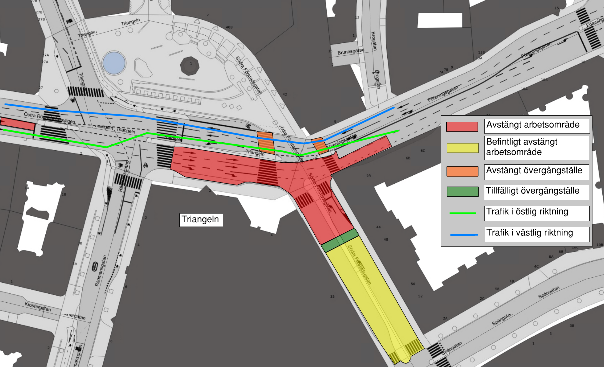 Bilden visar en karta där det är begränsad framkomlighet på Östra Rönneholmsvägen i närheten av Södra Förstadsgatan och Rådmansgatan.