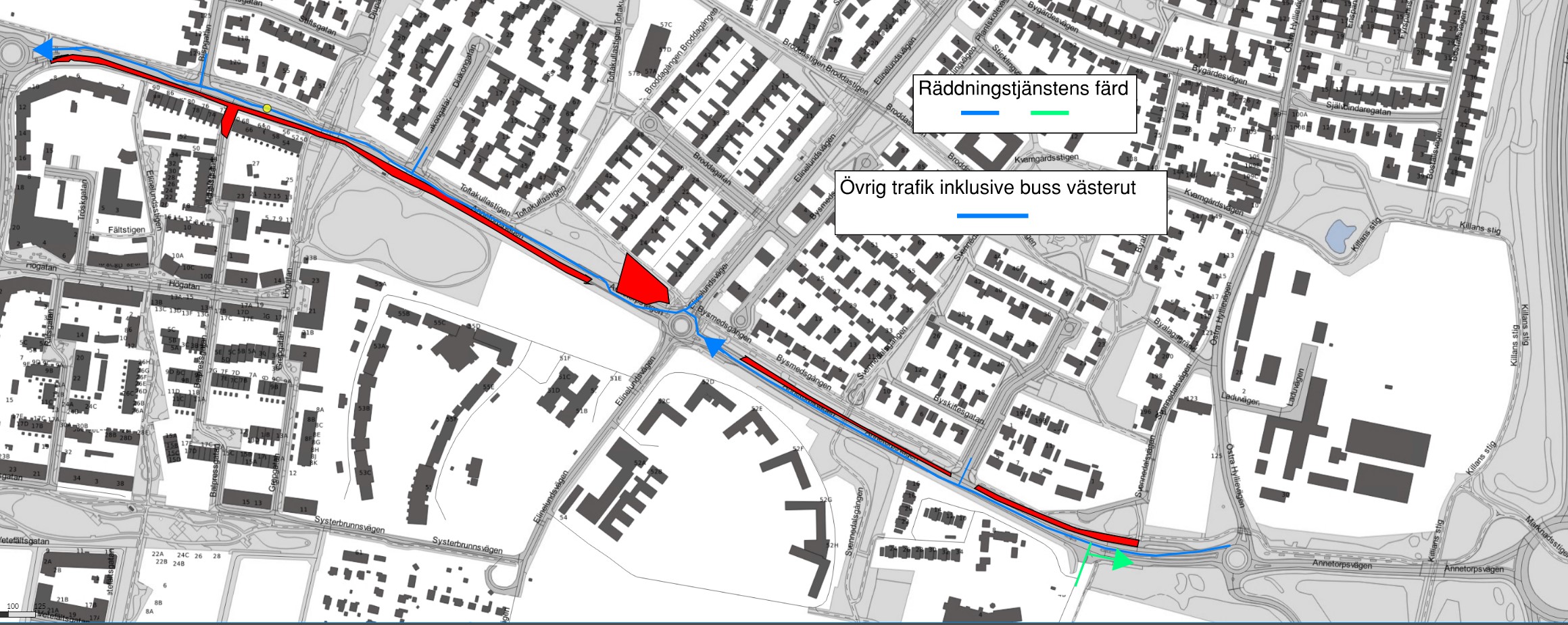 Bilden visar en karta där Annetorpsvägen är avstängd för trafik i östlig riktning mellan Östra Hyllievägen och Blåsebergavägen.