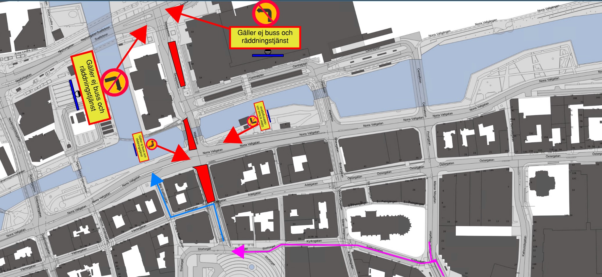 Bilden visar en karta där Hamngatan och del av Mälarbron är avstängda.