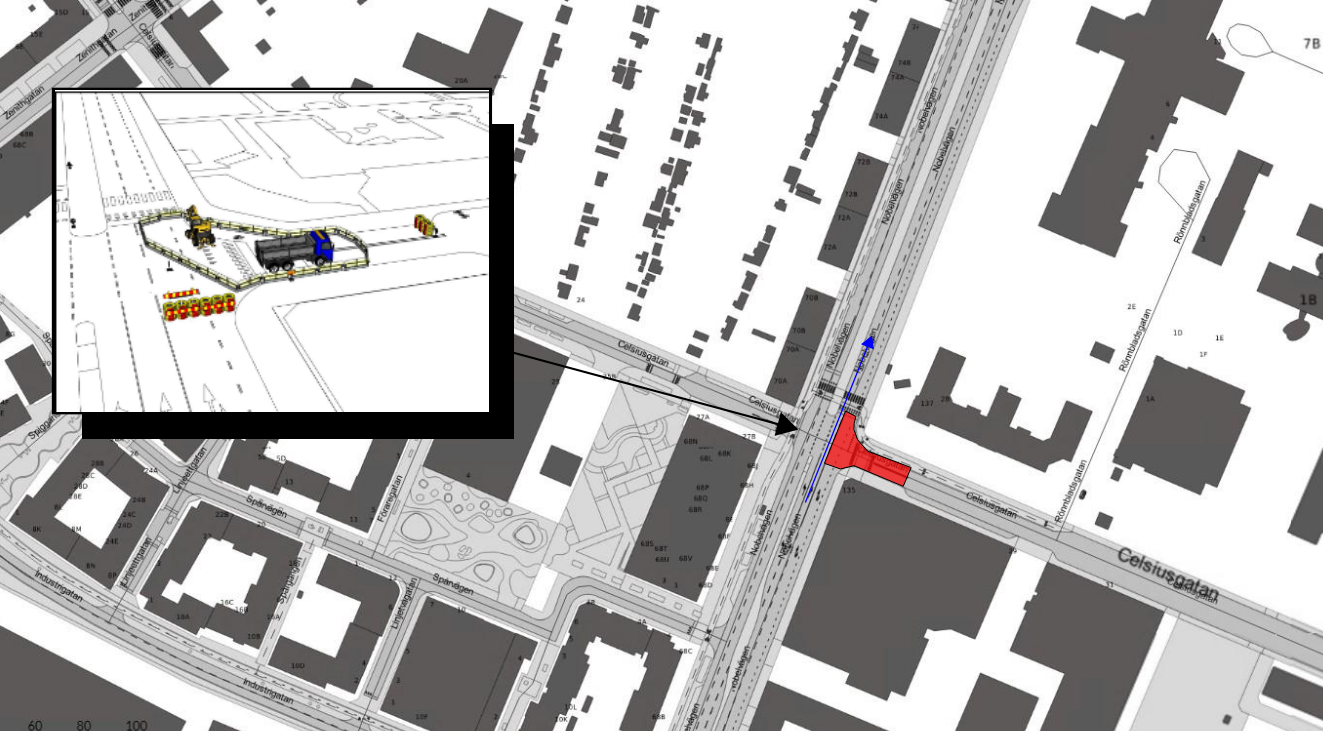 Bilden visar en karta där det är begränsad framkomlighet på Nobelvägen intill Celsiusgatan och Celsiusgatan är avstängd intill Nobelvägen.