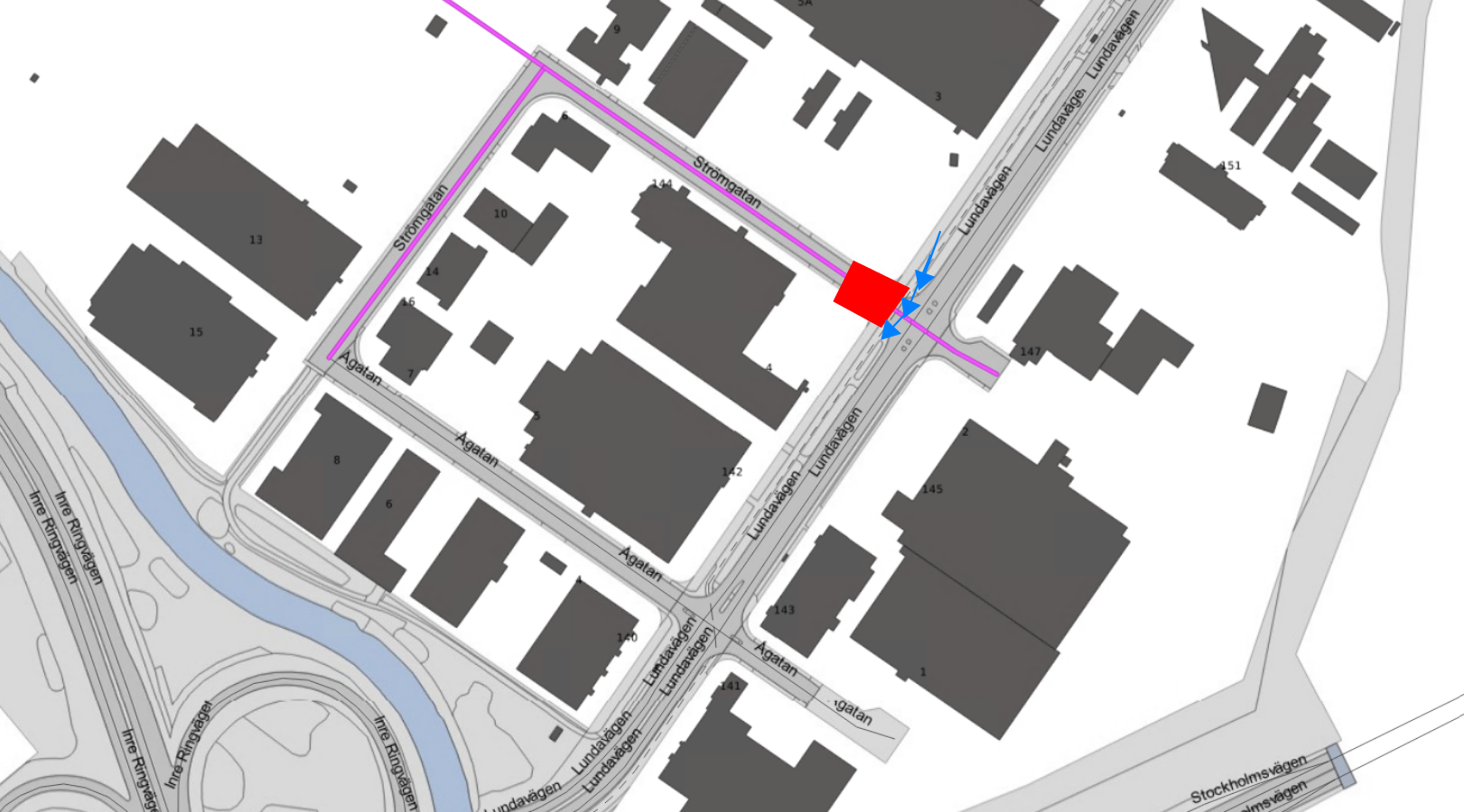 Arbetsområdet på Strömgatan i korsning med Lundavägen.
