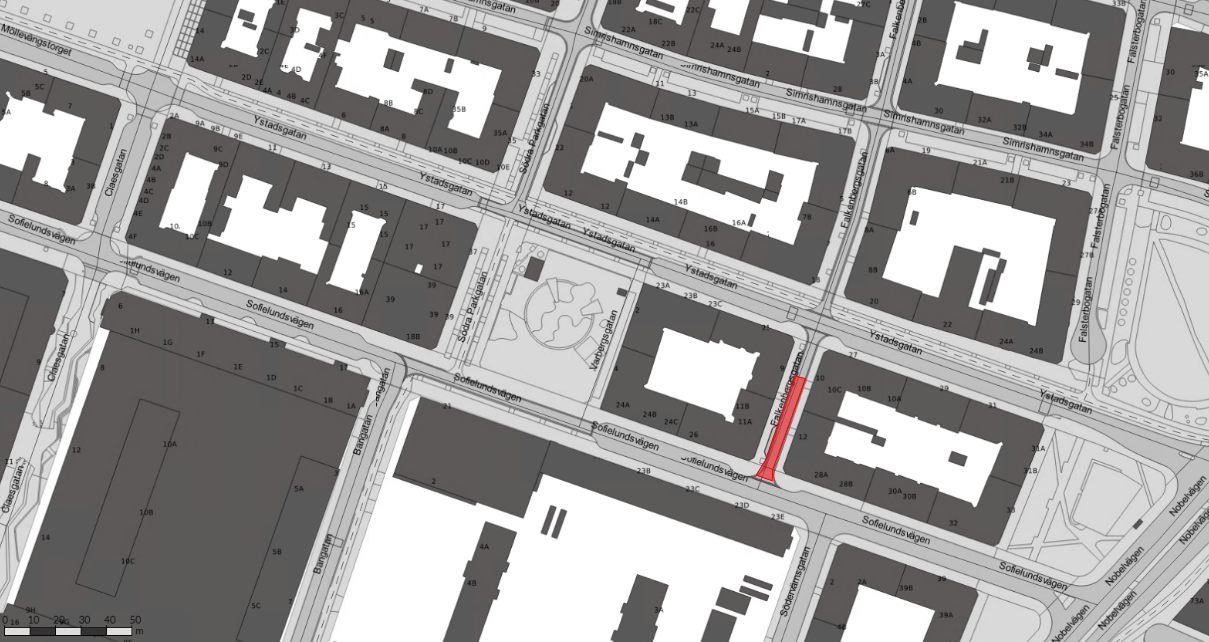 Arbetsområdet på Falkenbergsgatan i korsningen med Sofielundsvägen.
