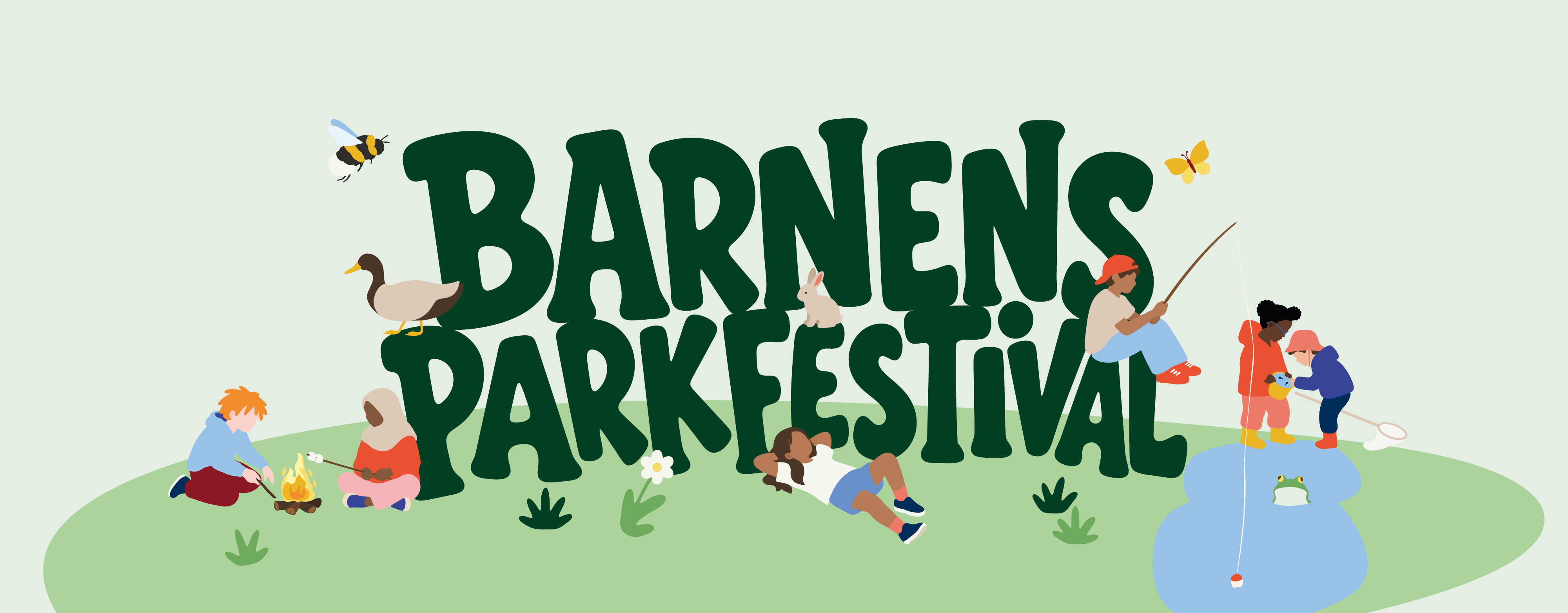 Illustration med texten BARNENS PARKFESTIVAL. Tecknade bilder på barn som ägnar sig åt friluftsaktiviteter så som att grilla marshmallows och fiska.