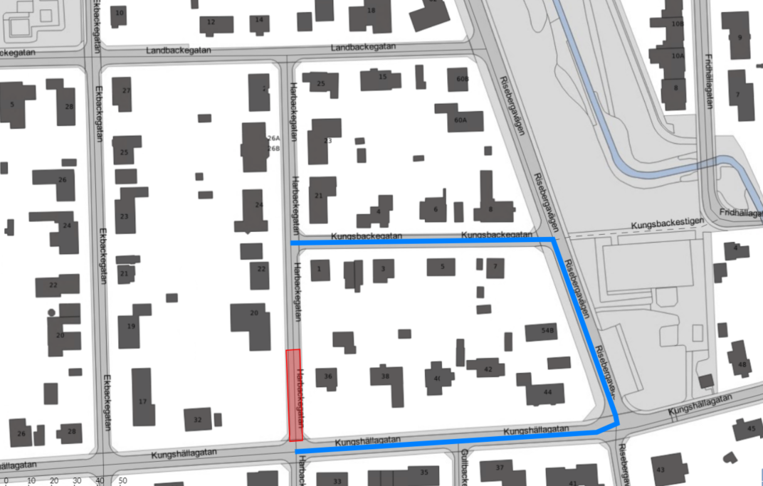Arbetsområdet på Harbackegatan i anslutning till Kungshällagatan.