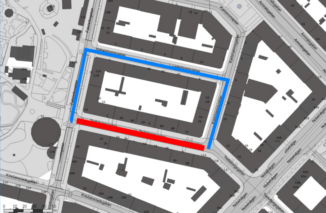 Arbetsområdet på Trelleborgsgatan mellan Falsterbogatan och Karlshamnsgatan.
