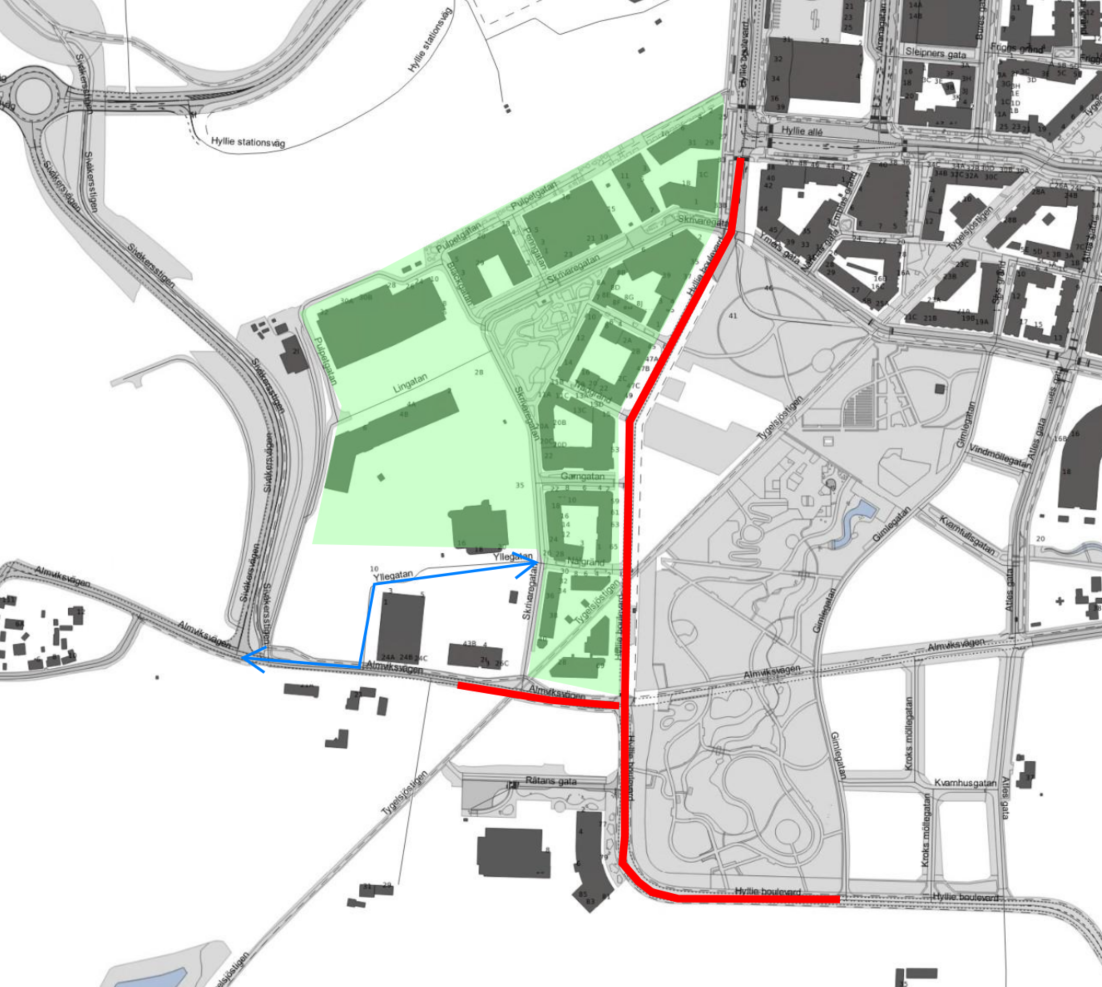 Arbetsområdet på Hyllie boulevard samt en del av Almviksvägen.