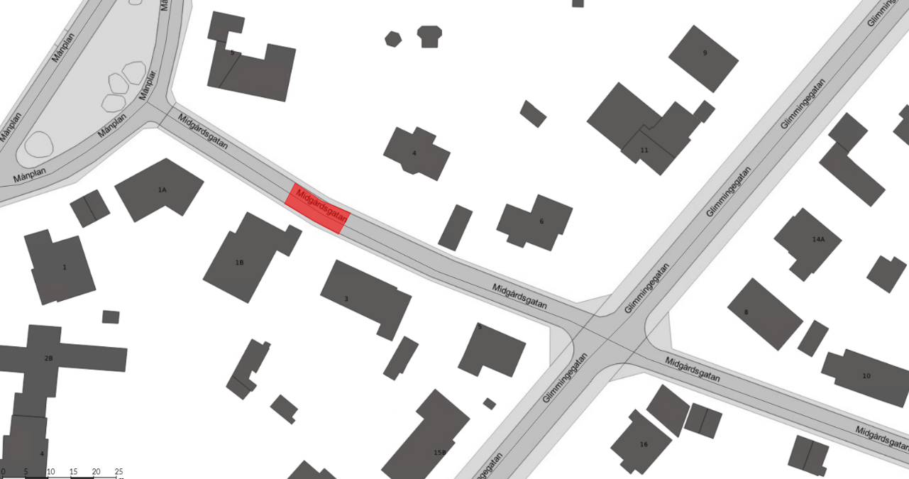 Arbetsområdet på Midgårdsgatan mellan Glimmingegatan och Månplan.
