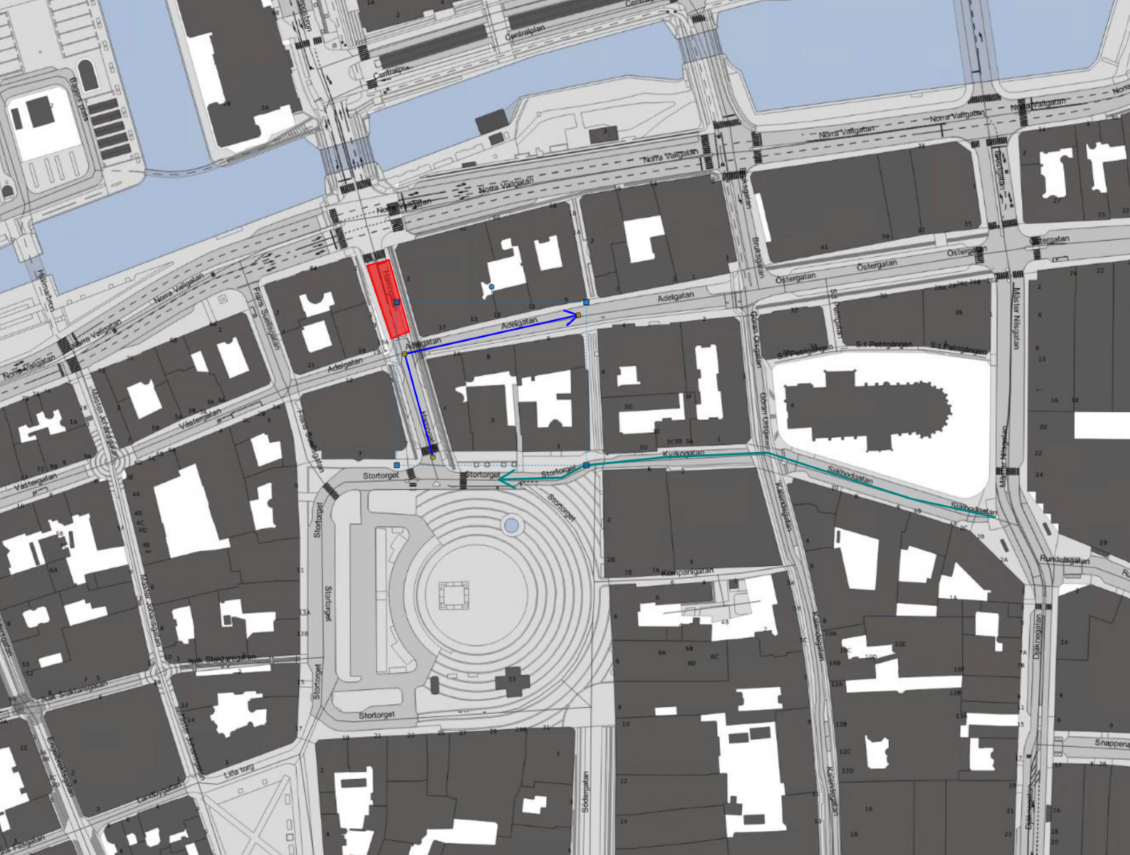 Arbetsområdet på Hamngatan mellan Norra Vallgatan och Adelgatan.