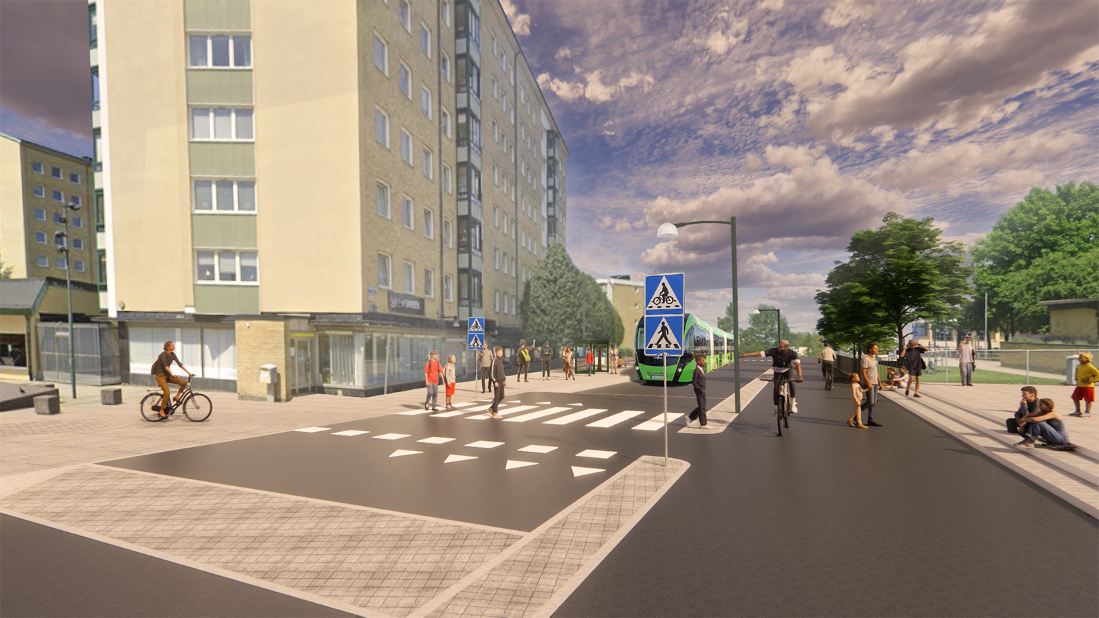 Gatan som den ser ut när vi har byggt om, med ny gång- och cykelbana ses på gatans högra sida.