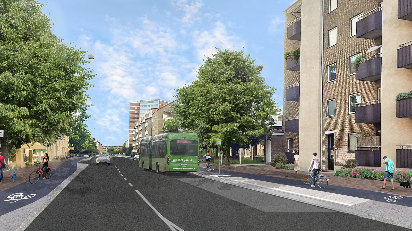 Visionsbild som visar hur Kronborgsvägen ser ut när vi har byggt enkelriktade cykelbanor.