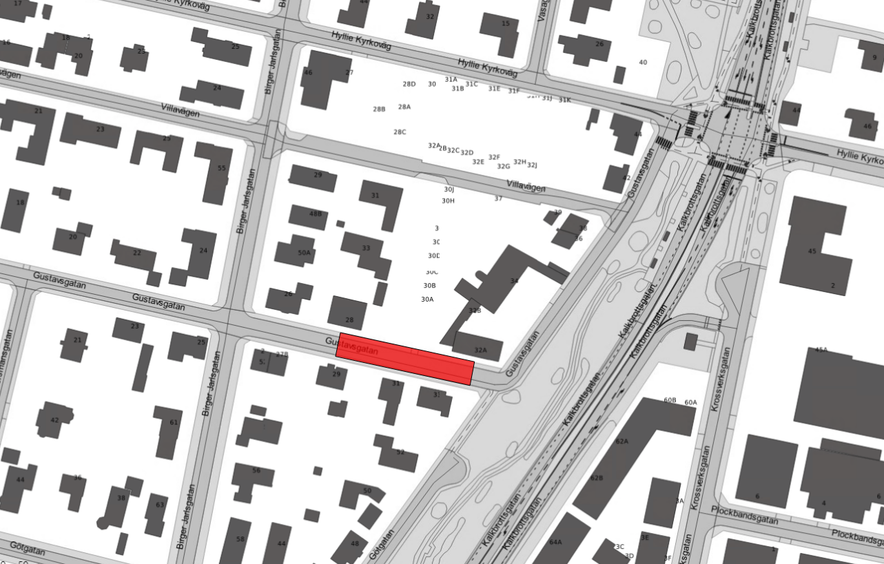 Arbetsområdet på Gustavsgatan mellan Birger Jarlsgatan och Villavägen.