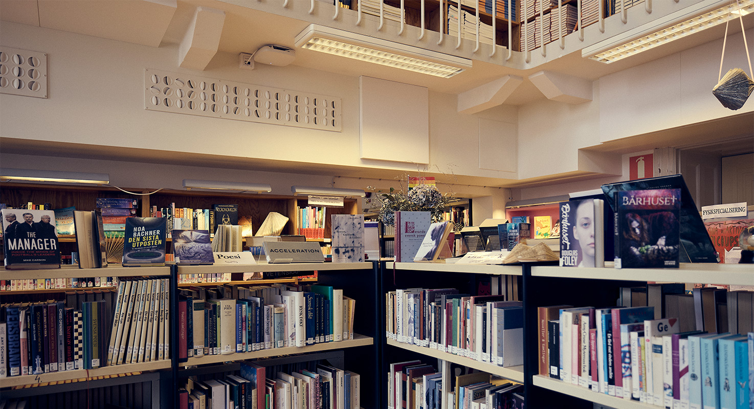 I skolans vackra bibliotek med högt i tak finns bland annat ett stort utbud av faktaböcker.