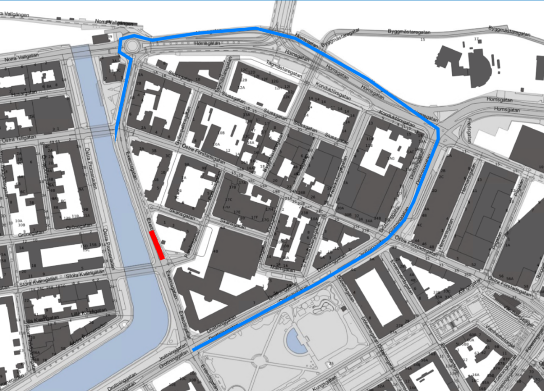 Arbetsområdet på Exercisgatan vid Skansgatan.