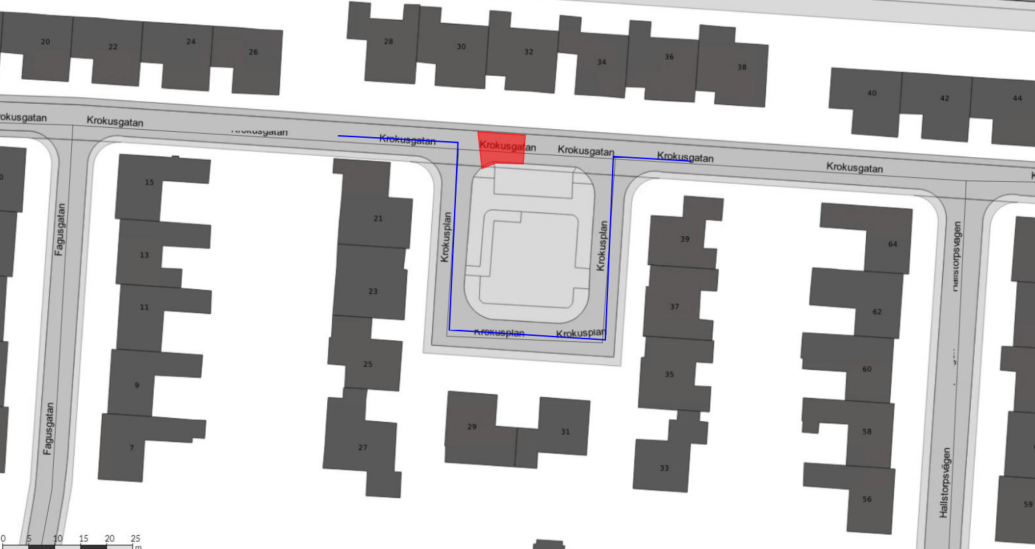 Arbetsområdet på Krokusgatan mellan Fagusgatan och Hallstorpsvägen.