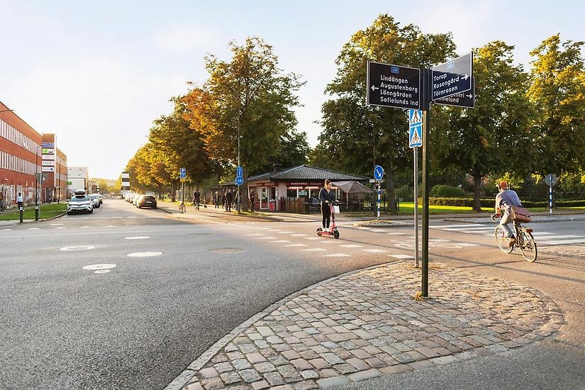 Cyklist passerar en cykelöverfart med vägmarkeringar vid Norra Grängesbergsgatan.