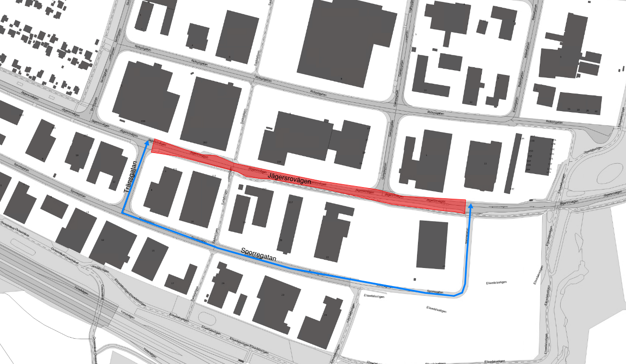 Arbetsområdet på Jägersrovägen mellan Tränsgatan och österut.