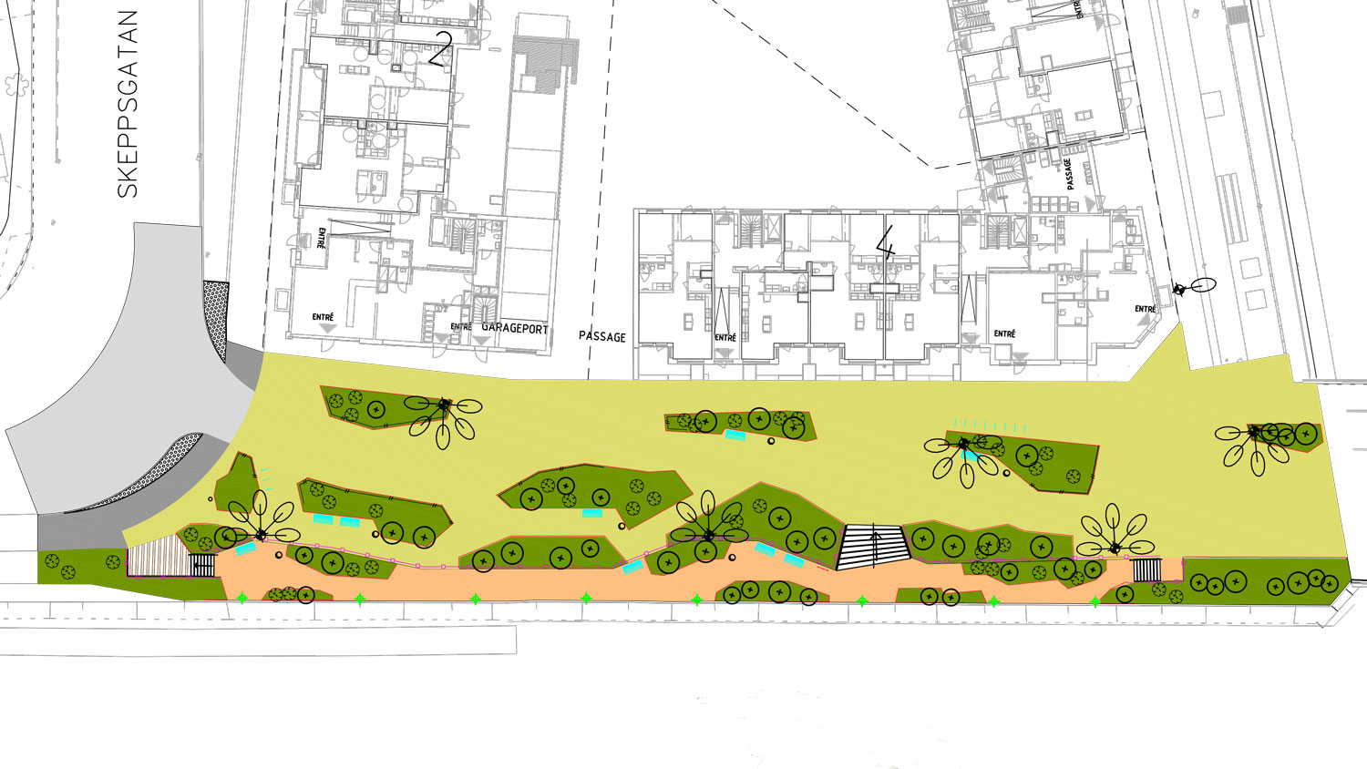 Ritning över Citadellsvägen från Skeppsgatan till Citadellsbron med träd, planteringar, trappor och bänkar.
