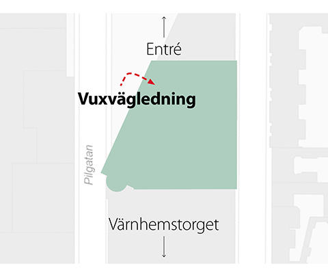 Karta över området runt Pilgatan. En pil visar ingången till Vuxvägledning Malmö.