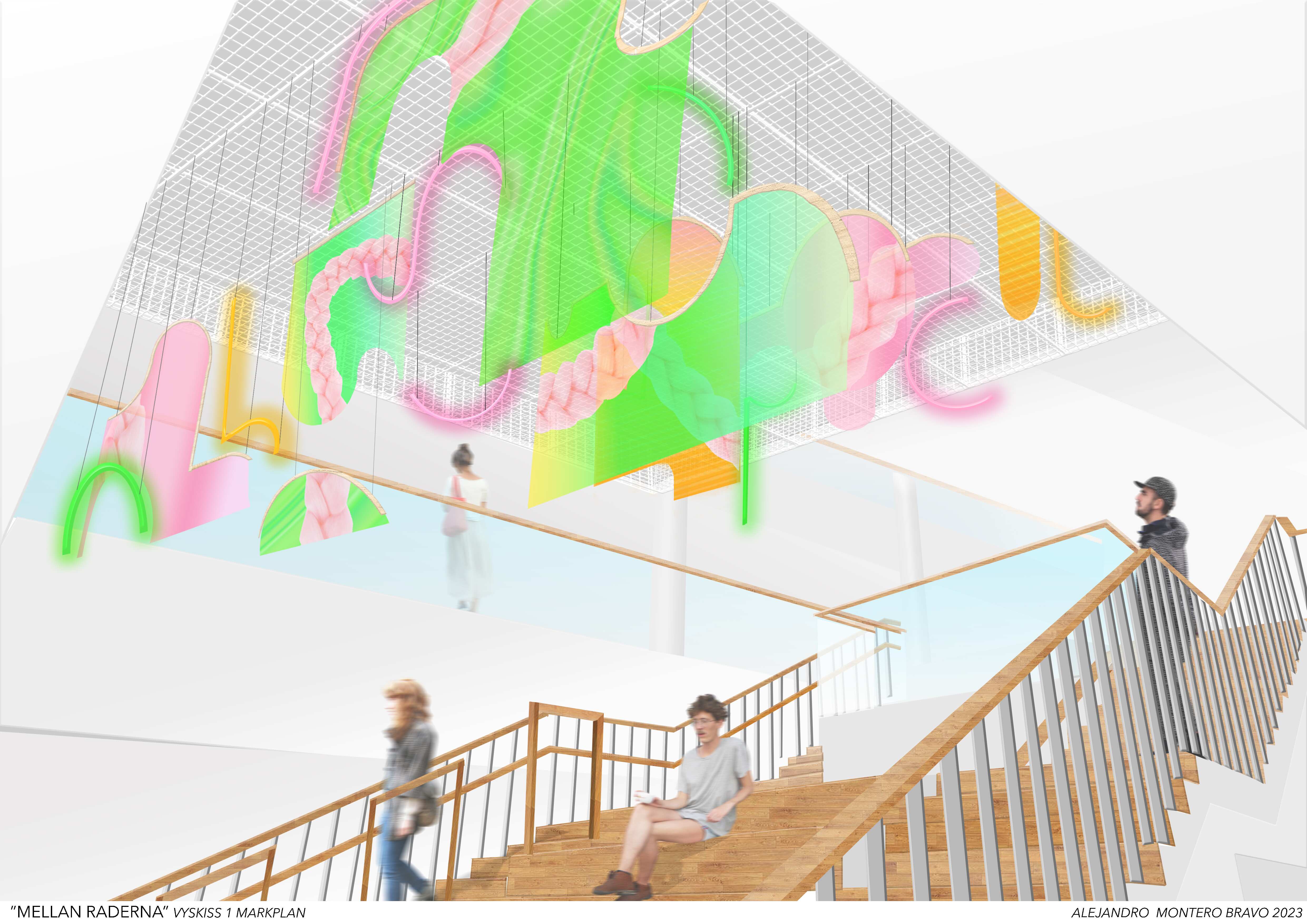 En skiss på en gradängtrappa vari det sitter, står och går personer. Över tappan hänger ett skirt konstverk. Konsten består av olika former i rosa, ljusgrönt och gult. 