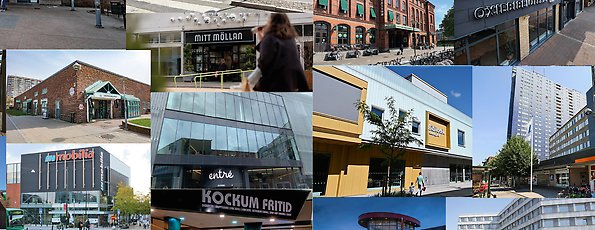 Ett flertal foton som har monterats ihop. På varje enskild bild finns några av Malmö stads förtidsröstningslokaler.