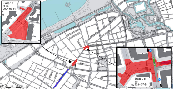 Kartbild visar arbetsområdet på Erislustvägen, Major Nilssonsgatan och Regementsgatan. Arbetsområdet på Erikslustvägen är norr om Köpenhamnsrondellen och upp till Nordlinds väg. Arbetsområdet är även i korsningen Major Nilssonsgatan och Regementsgatan samt korsningen Ribersborgsvägen och Regementsgatan.