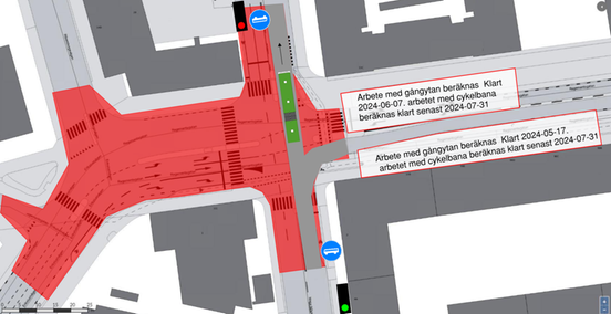 Kartbild visar arbetsområdet på Erislustvägen, Major Nilssonsgatan och Regementsgatan. Arbetsområdet på Erikslustvägen är norr om Köpenhamnsrondellen och upp till Nordlinds väg. Arbetsområdet är även i korsningen Major Nilssonsgatan och Regementsgatan samt korsningen Ribersborgsvägen och Regementsgatan.