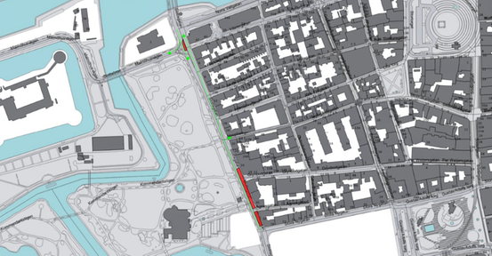 Kartbild visar arbetsområdet på Slottsgatan. Arbetet sträcker sig från korsningen Slottsgatan och Stora Nygatan ner till Grynbodgatan. Även arbetsområde vid Malmöhusvägen.