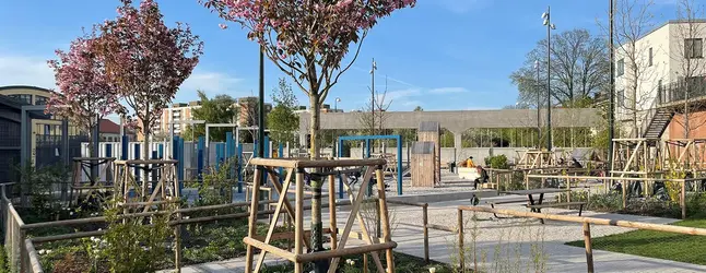 Bussparken med blommande träd och lek i kvällssolen